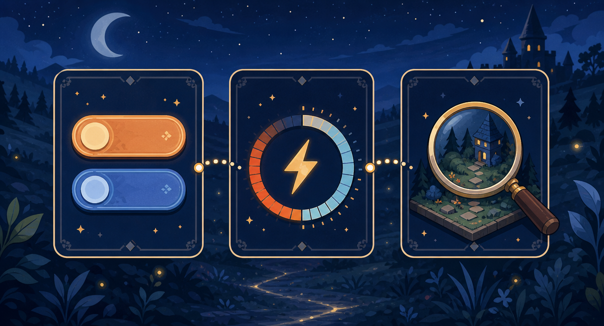 Three game-mechanic cards: choice buttons, a timer ring, and a magnifier over a scene