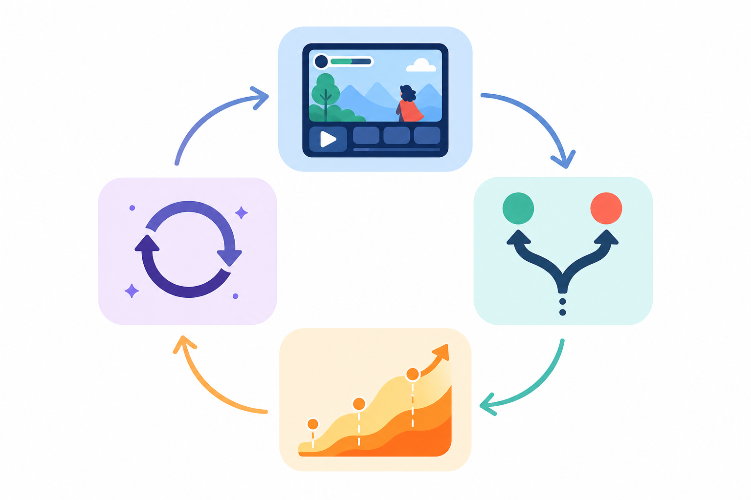 A four-station loop diagram running clockwise from play screen to replay badge
