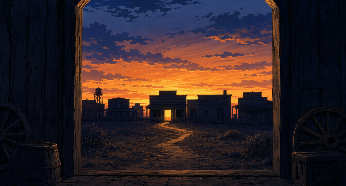 silhouetted western town at dusk seen from a distance through a doorway-shaped frame