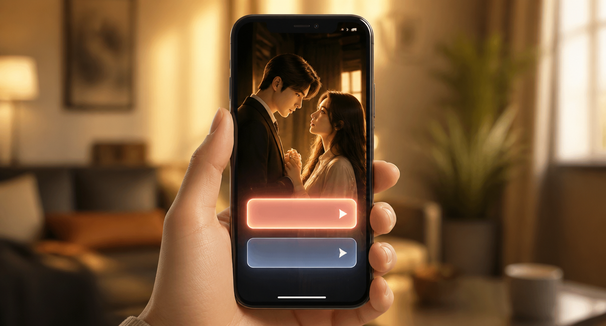 A paused vertical drama frame with two choice buttons