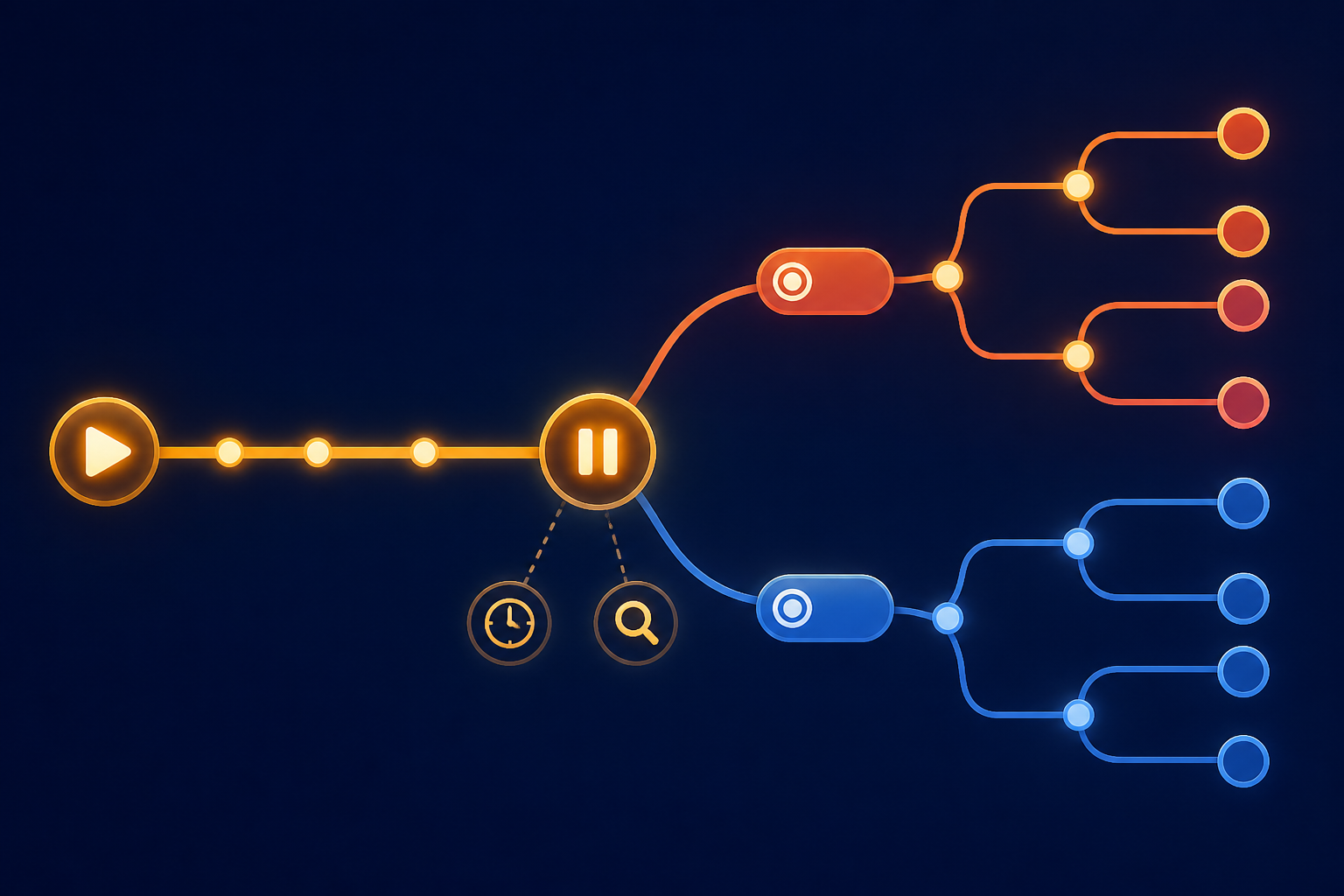 Three stages: play, a pause node with options, branching routes