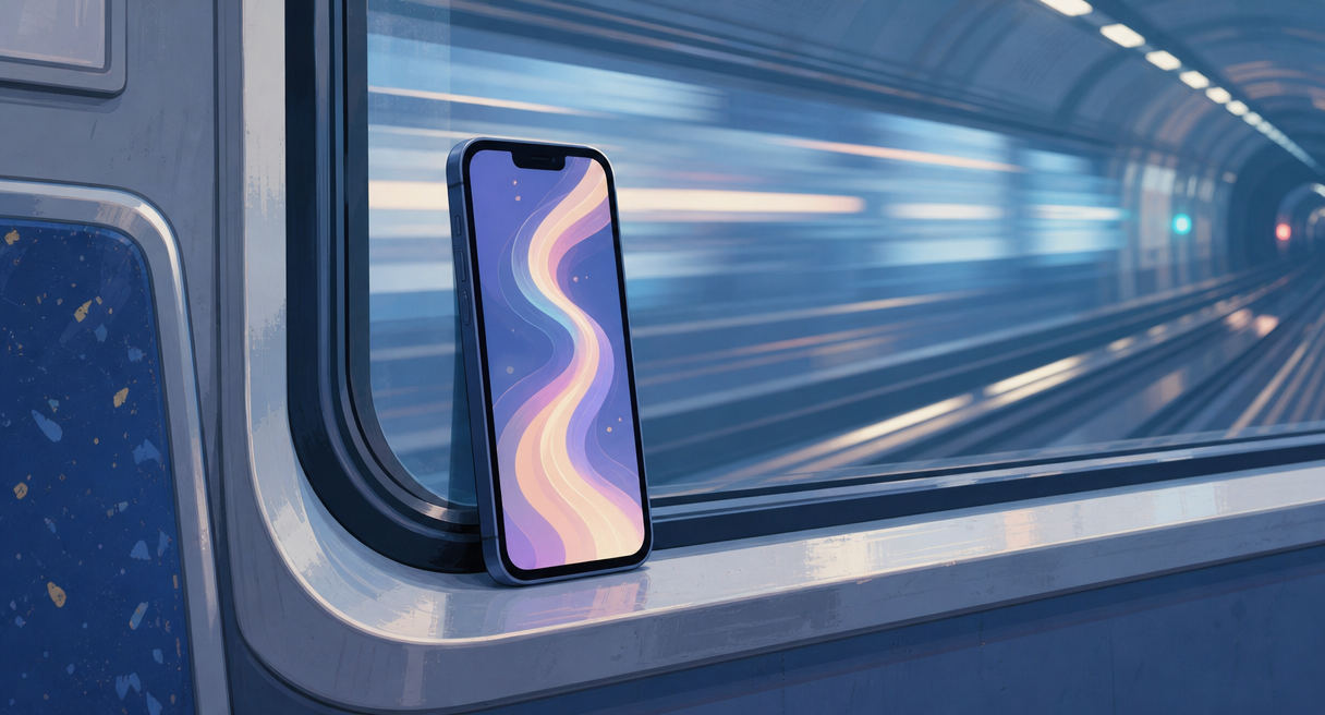 A phone standing on a subway ledge, its screen showing an abstract color ribbon