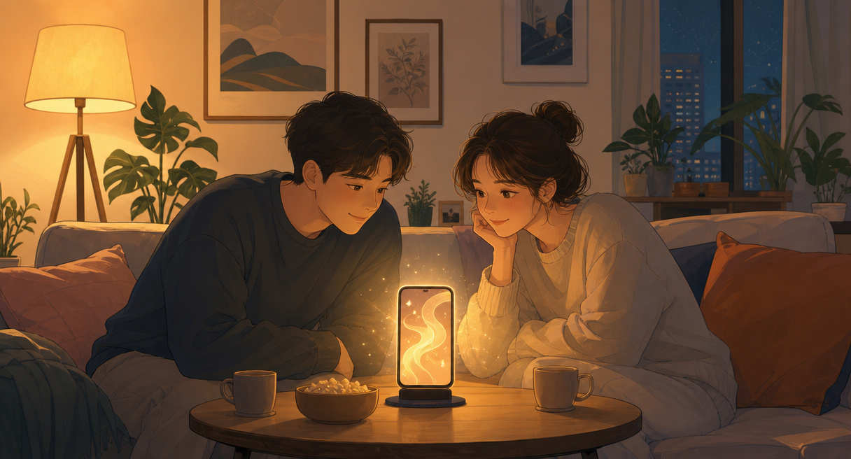 Two partners on a couch sharing one phone drama