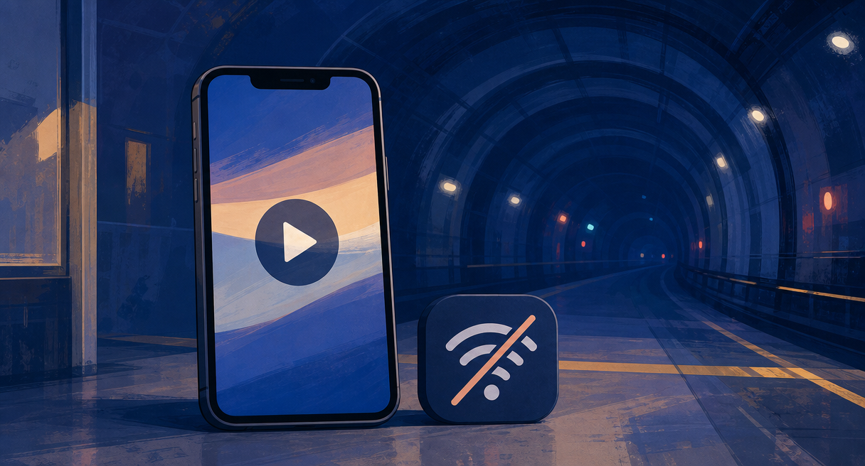 A phone with a paused screen beside a crossed-out signal icon in a tunnel