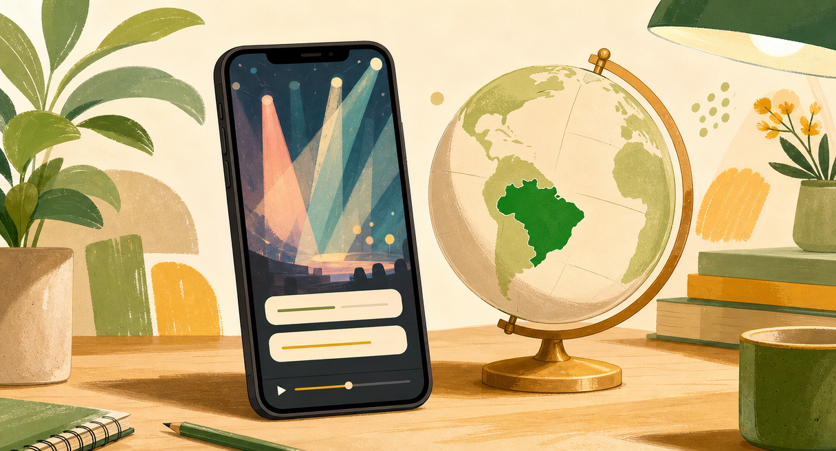 A vertical phone with abstract subtitle bars and a globe highlighting Brazil