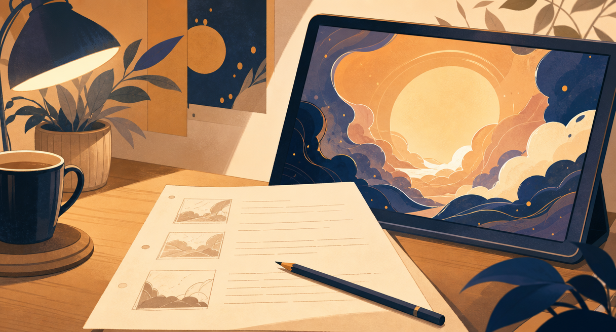 warm desk scene with a script manuscript page beside a glowing AI generation screen showing an abstract cinematic frame 