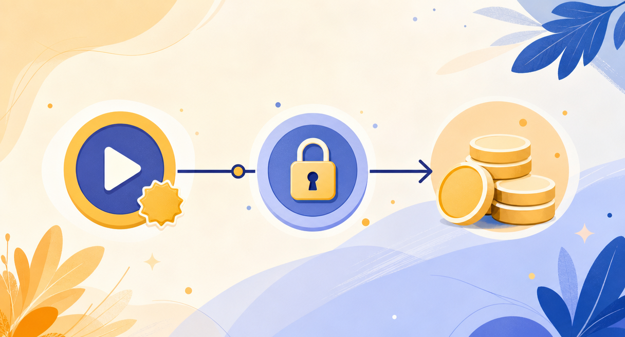 horizontal three-stage cost flow: a play button with a free badge