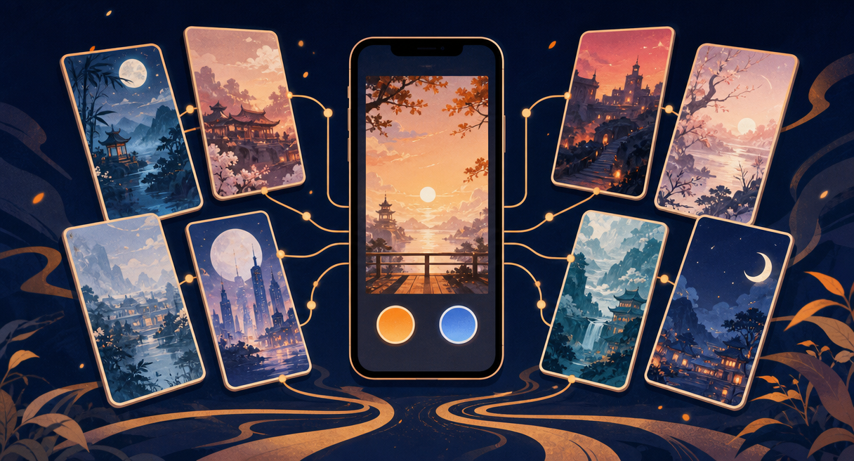 vertical smartphone at center with a fan of small drama poster cards arranged in a loose wall behind it