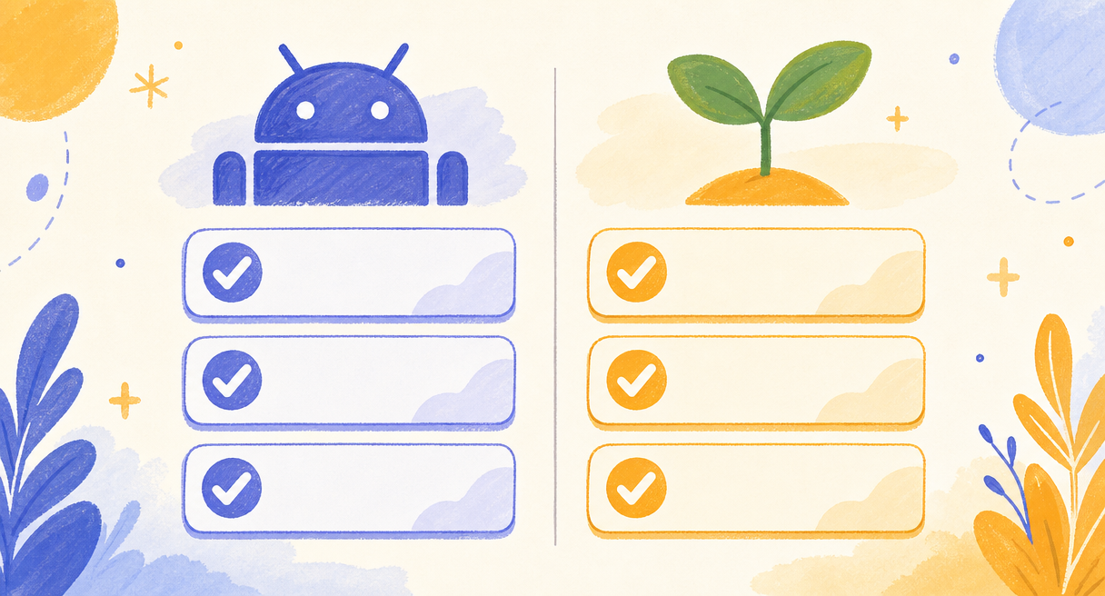 two side-by-side decision columns: the left column headed by an Android robot-shaped glyph