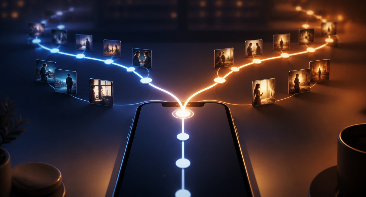 One story path splitting into two glowing routes