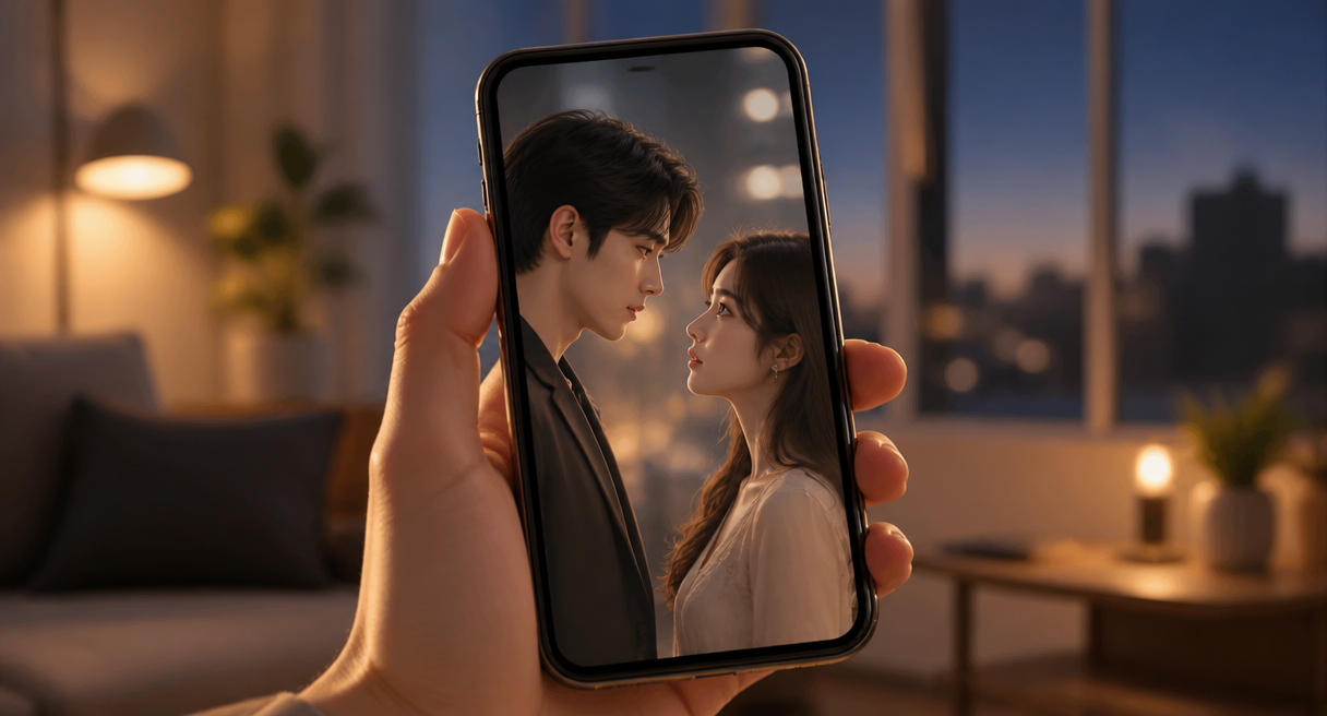 A hand holding a smartphone in portrait orientation playing a vertical drama series