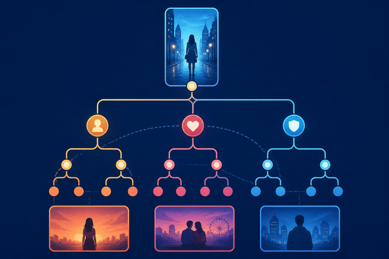 Branching story path diagram: one vertical video frame splitting into choice nodes and three endings