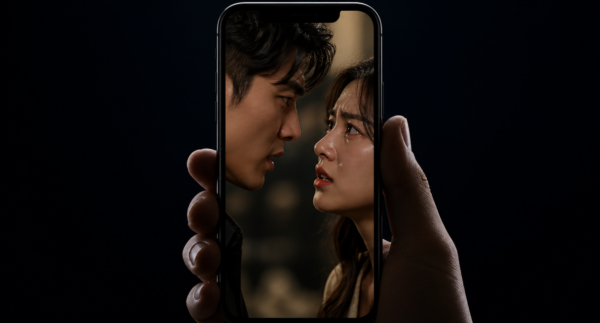 A vertical drama frame in 9:16 with two faces in close-up conflict