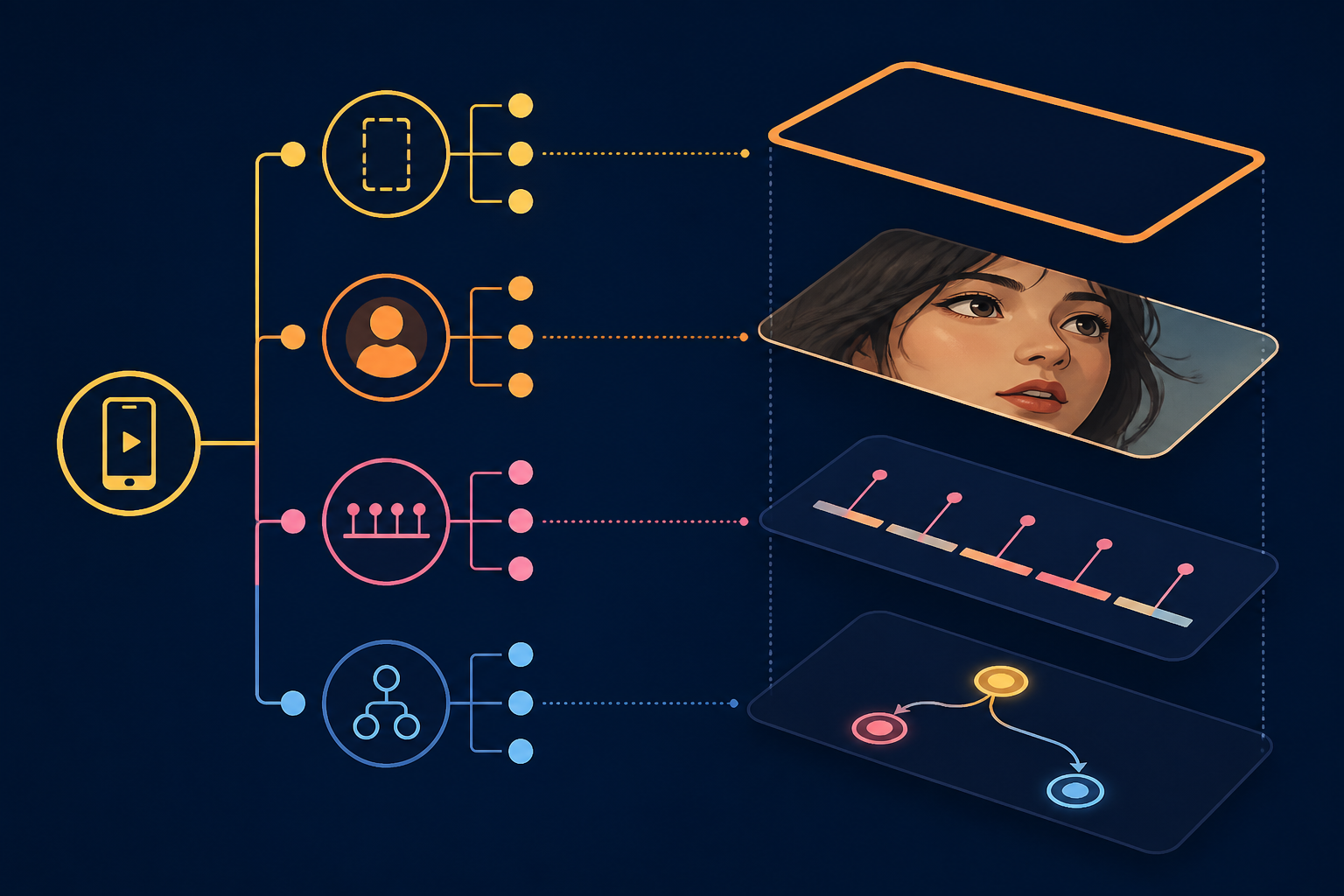 An episode exploded into four layers: frame, close-up, hook timeline, and choice node