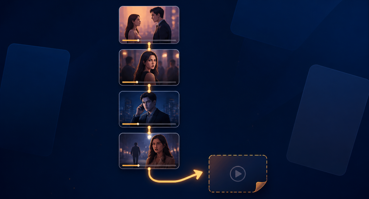 A chain of vertical episode cards with a hook arrow toward the unfinished next card