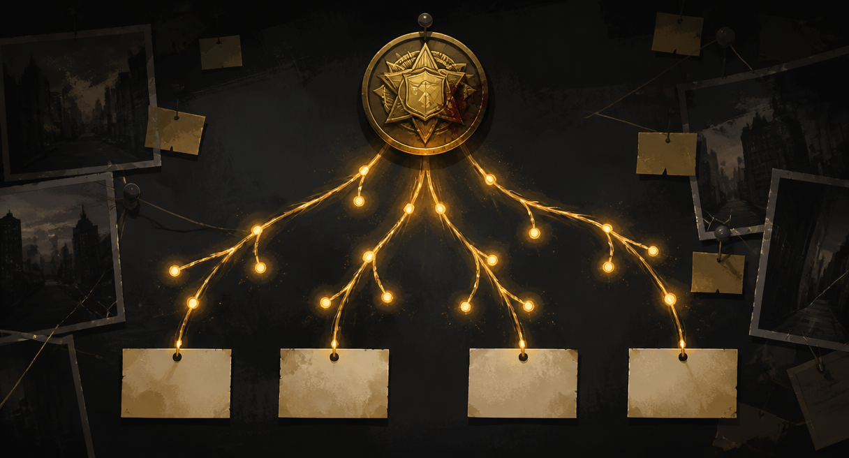 round badge emblem pinned at the top of a dark evidence board
