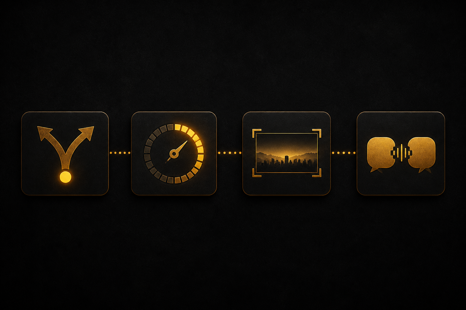neat row of four abstract mechanic emblems on small dark tiles