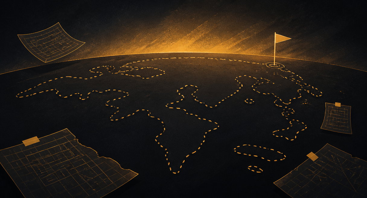 Deadwood, a DRAMAGO story world (in closed beta, launching soon): the silhouette of a large uncharted world outline drawn only in dashed lines on a dark horizon