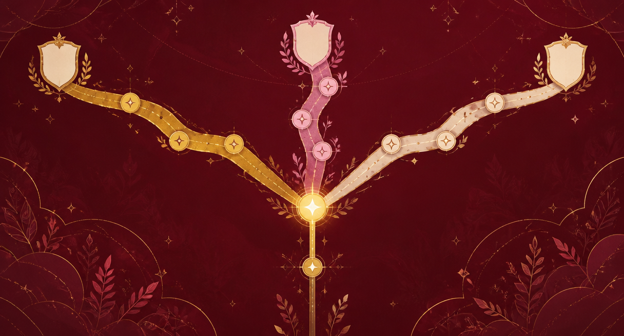 one bold vertical main axis rising through a burgundy field